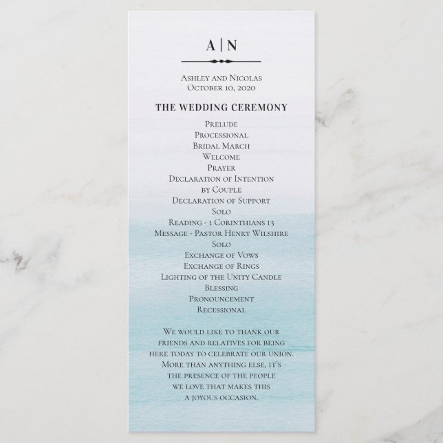 Programa Casamento azul de Watercolor. Simples náutico clás (Frente)
