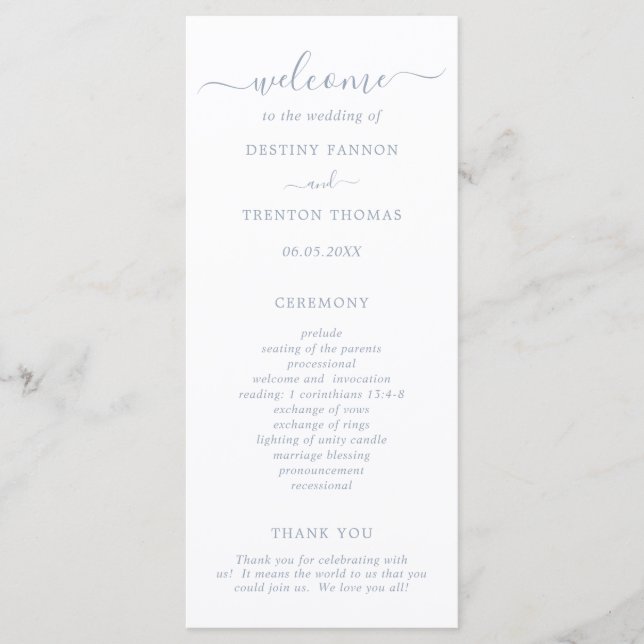 Programa Casamento Azul Dusty, Script Elegante Simples (Frente)