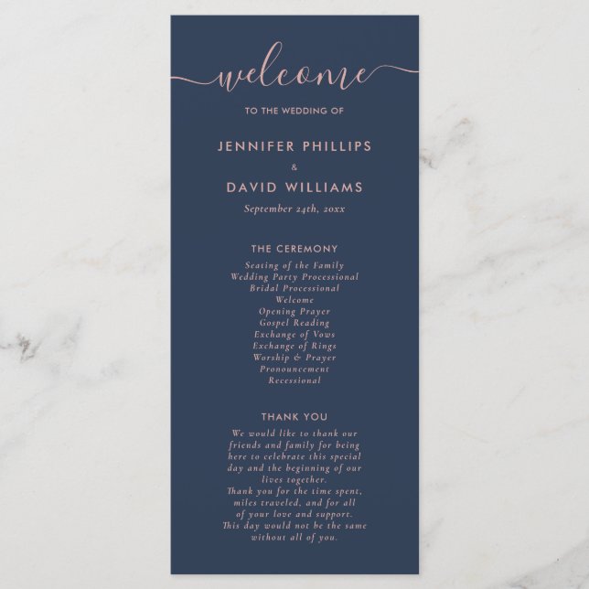 Programa Casamento Azul e Blush do Marinho de Script Elegan (Frente)