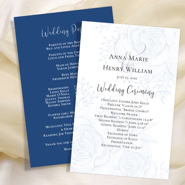 Programa Casamento Azul Floral Elegante (Blue floral wedding ceremony paper sheet program with a dusty blue background. )