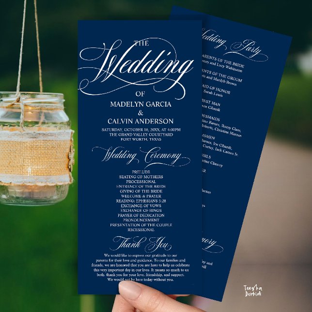 Programa Casamento Azul Marinho Moderno em Script Completo (Modern Script All In One Wedding Program Card in Navy Blue)