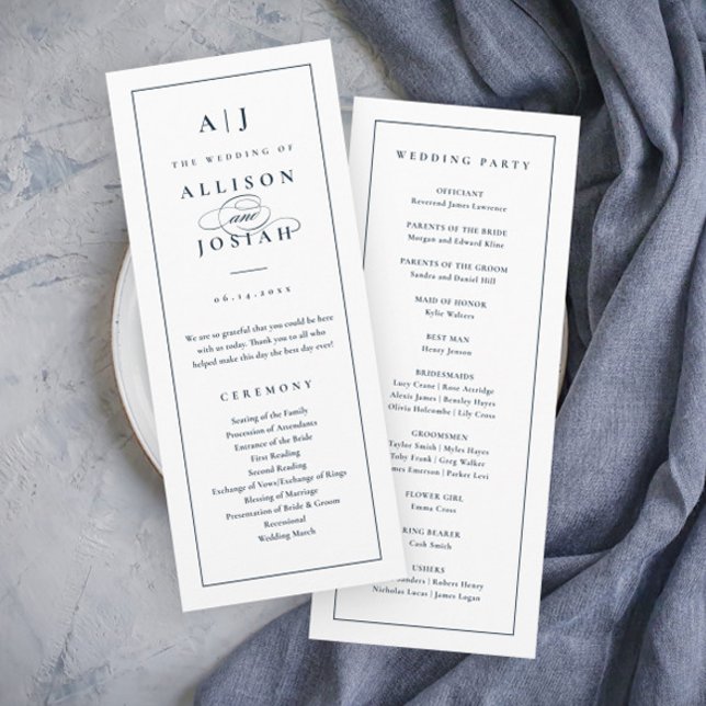 Programa Casamento Azul Marinho Monograma Elegante (Elegant Navy Blue and White Wedding Programs with Monogram.)