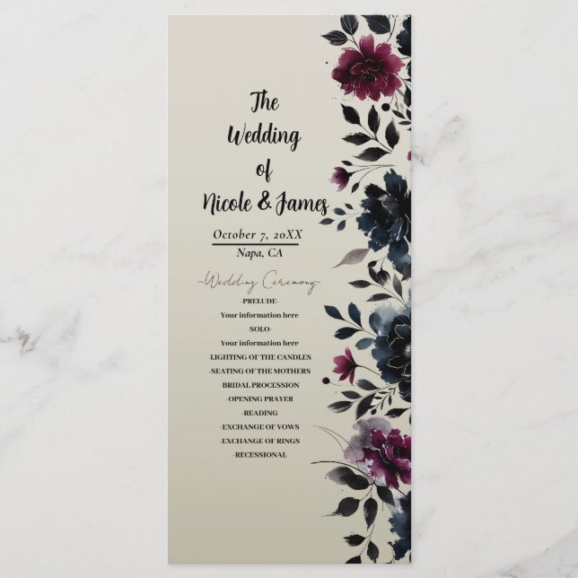 Programa Casamento Azul Meia-Noite Borgonha Floral Almiscar (Frente)