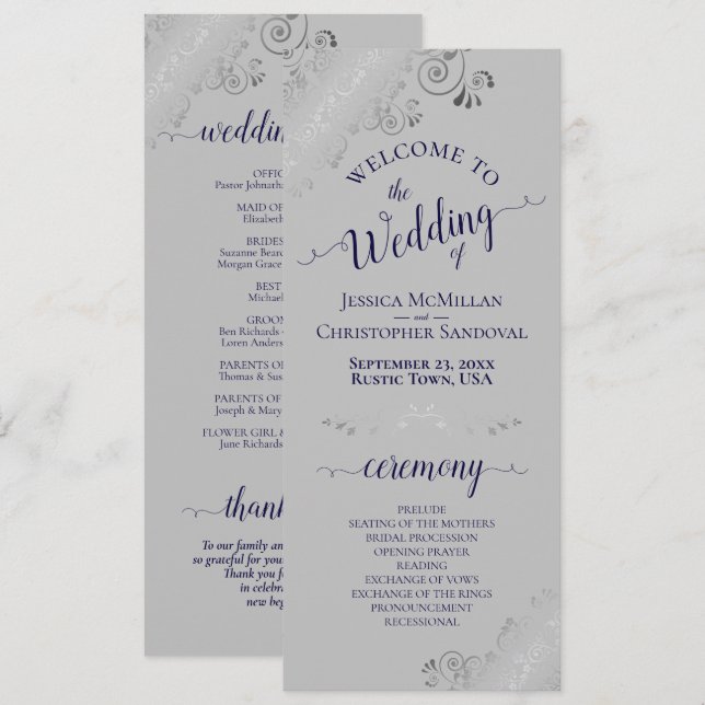 Programa Casamento Azul Naval em Cinza Elegantes Ondas de P (Frente/Verso)