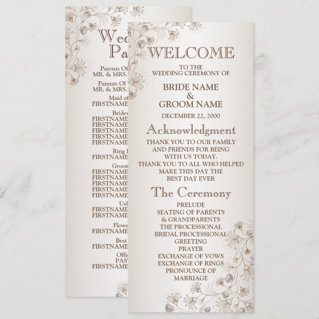 Programa Casamento Bege Padrão de Coração Floral Elegante (Frente/Verso)