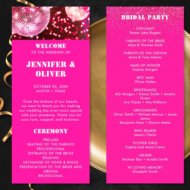 Programa Casamento Bolas de Discoteca Glitter Rosa Ousado C (Front and Back)