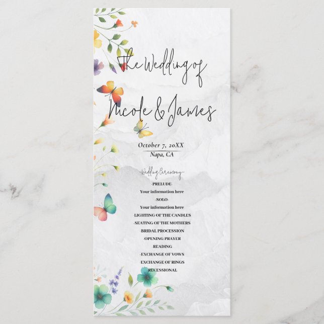 Programa Casamento Borboleta Floral Aquarela Colorida (Frente)