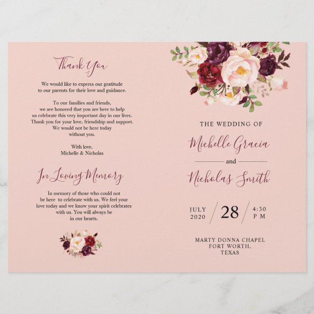 Programa Casamento Borgonha Blush Watercolor Flora (Frente)