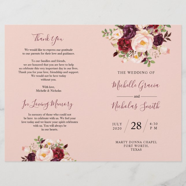 Programa Casamento Borgonha Blush Watercolor Flora (Frente)