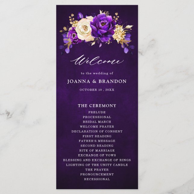 Programa Casamento Botânico Dourado Violeta Roxo Real (Frente)