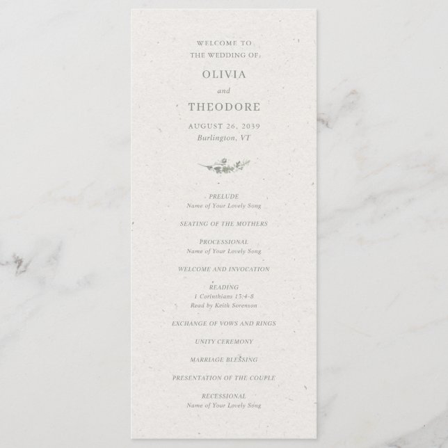 Programa Casamento Botânico Elegante Verde Salvia Moderno (Frente)