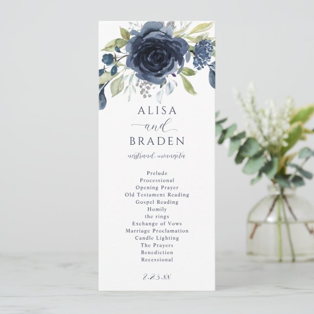 Programa Casamento Botânico Floral Azul Marinho Prateado co (Em pé/Frente)