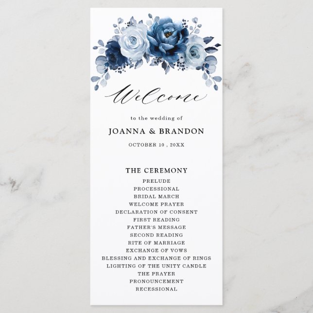 Programa Casamento Botânico Floral de Marinho Azul Dusty (Frente)