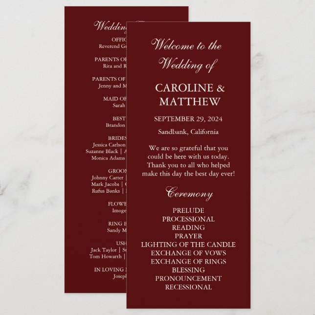 Programa Casamento Burgundy Boho Jantar Moderno Minimalista (Frente/Verso)