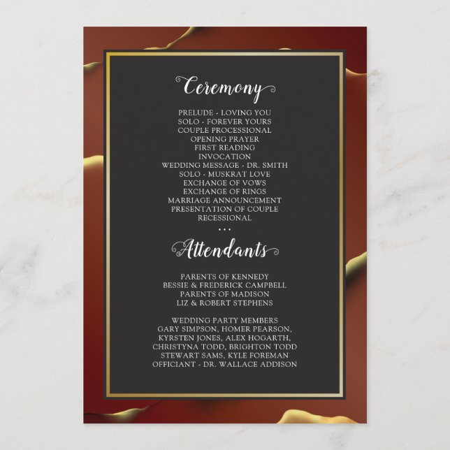 Programa Casamento 🤵 Burgundy Dourado Elegant Inky Abstrat (Verso)