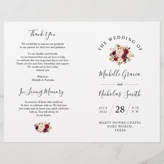 Programa Casamento Burgundy Watercolor Floral, FOL (Frente)