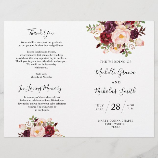 Programa Casamento Burgundy Watercolor Floral, FOL (Frente)