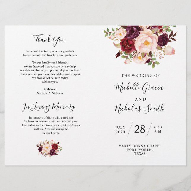 Programa Casamento Burgundy Watercolor Floral, FOL (Frente)