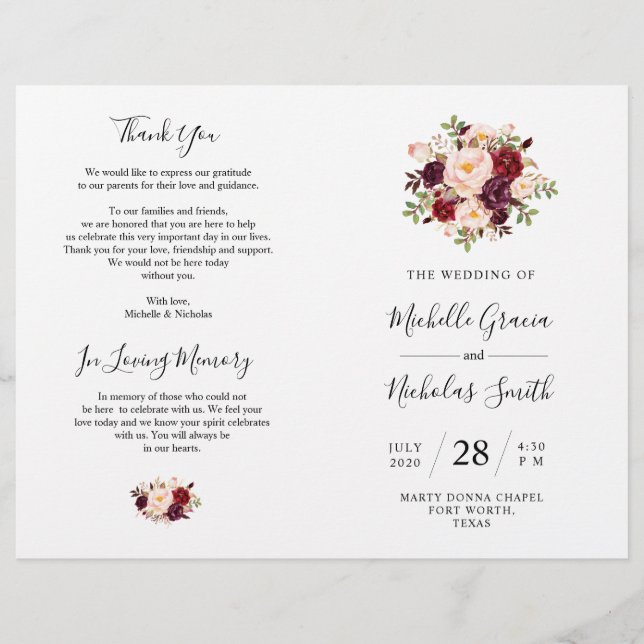 Programa Casamento Burgundy Watercolor Floral, FOL (Frente)