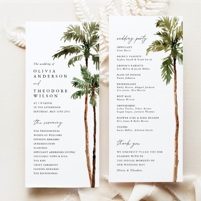 Programa Casamento Cerimônia de Destino Tropical com Palmei (Palm Tree Wedding Program Tropical Ceremony Program Beach Destination Wedding Stationery)