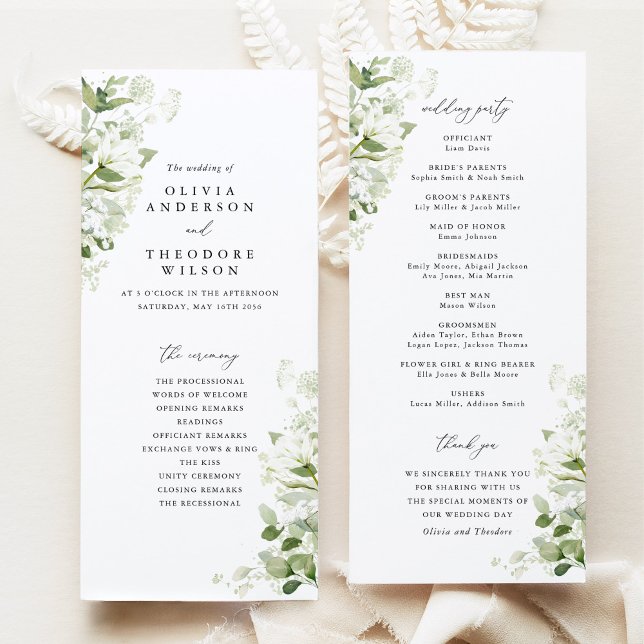 Programa Casamento Cerimônia de Verde Salvia Orgânico (Sage green organic greenery wedding program, ceremony order & wedding party list, elegant botanical)