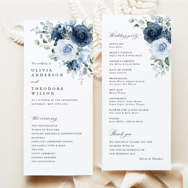 Programa Casamento Cerimônia Floral Azul Naval Aquarela (Dusty blue navy floral wedding program set, watercolor bouquet, elegant fine art stationery)