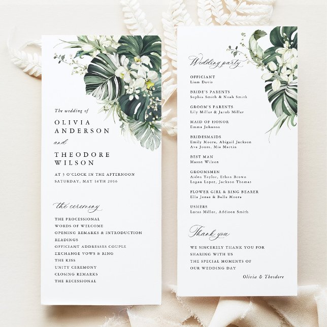 Programa Casamento Cerimônia Tropical Monstera Verde Sálvia (Tropical wedding ceremony program, monstera orchid wedding stationery, destination wedding program)