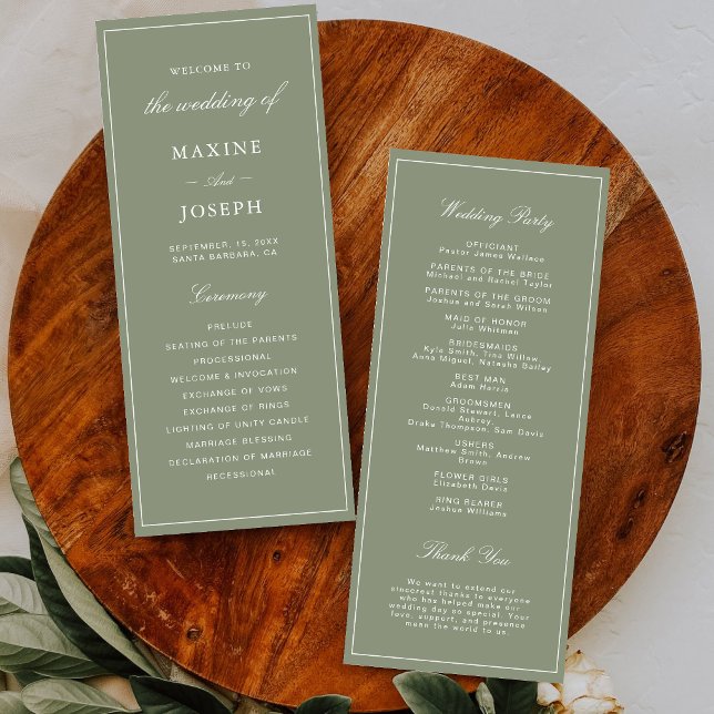 Programa Casamento Clássico com Letra Script em Verde Poeir (Classic dusty green wedding programs guide guests through your celebration with timeless elegance.)