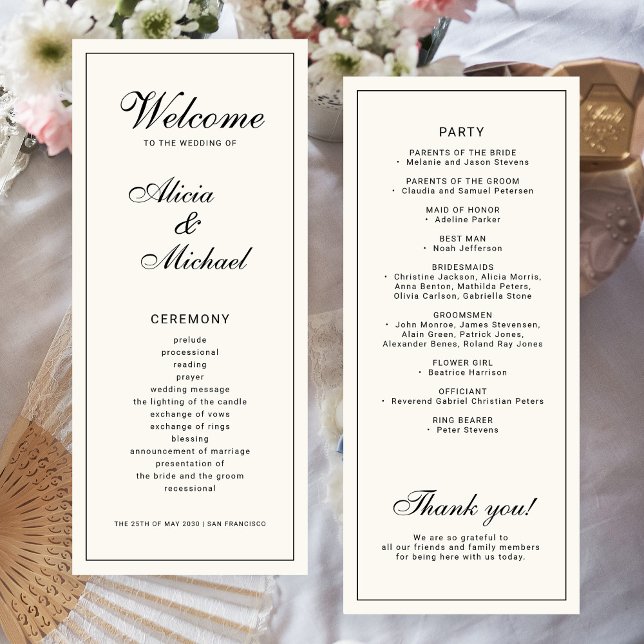 Programa Casamento clássico elegante caligrafia preta marfi (Criador carregado)