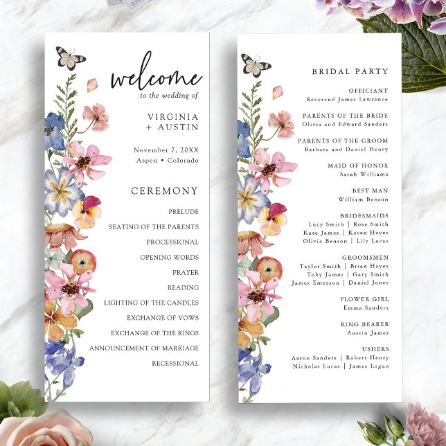Programa Casamento Colorido de Flores Selvagens (Colorful Wildflower Wedding Program with Butterfly by Painted Paperie
)
