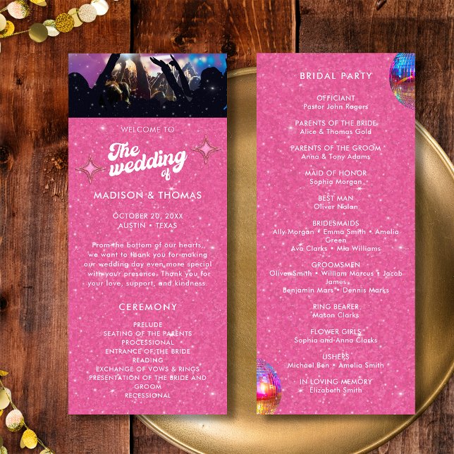 Programa Casamento Colorido Groovy Rosa Brilho Bola de Disc (Front / Back)
