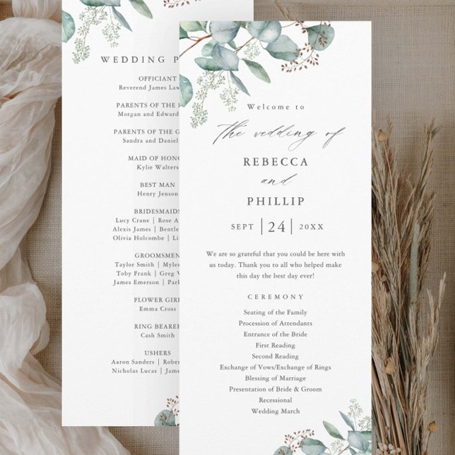 Programa Casamento com Aquarela de Eucalipto Verde Elegante (Elegant Eucalyptus Greenery Wedding Ceremony Programs.)
