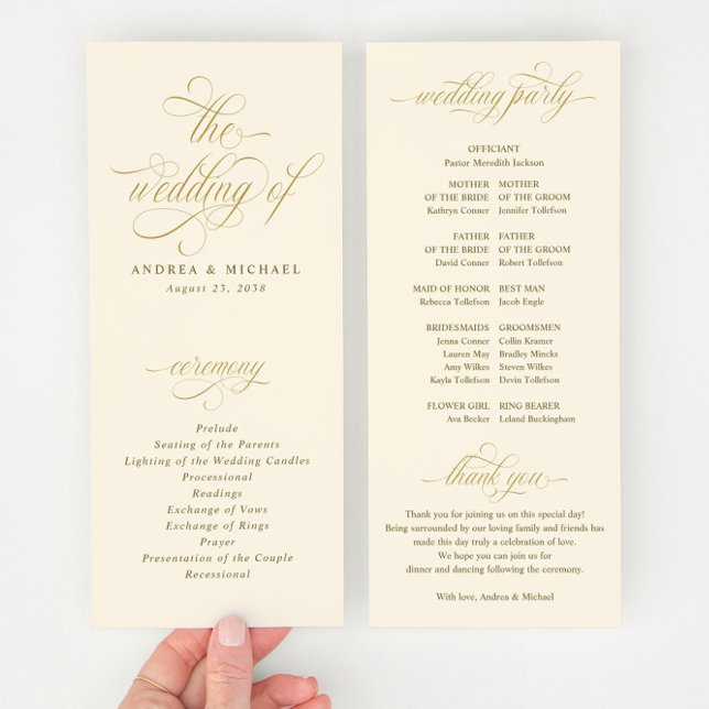 Programa Casamento com Caligrafia Elegante em Dourado e Cre (Elegant Cream and Gold Calligraphy Wedding Programs - Fancy, Ornate and Glam Script)
