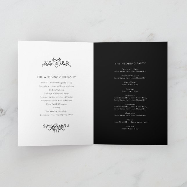Programa Casamento com coração branco negro e monograma (Interior)