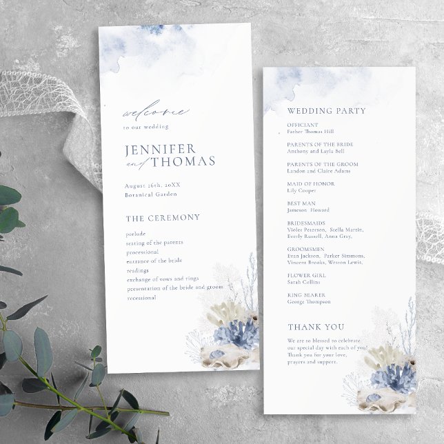 Programa Casamento com coral de aquarela azul e conchas (Blue watercolor coral & seashells beach Wedding Program)