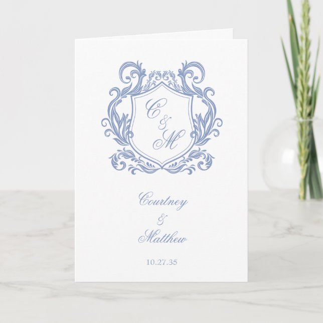Programa Casamento com Crista de Monograma Azul Elegante Po (Frente)