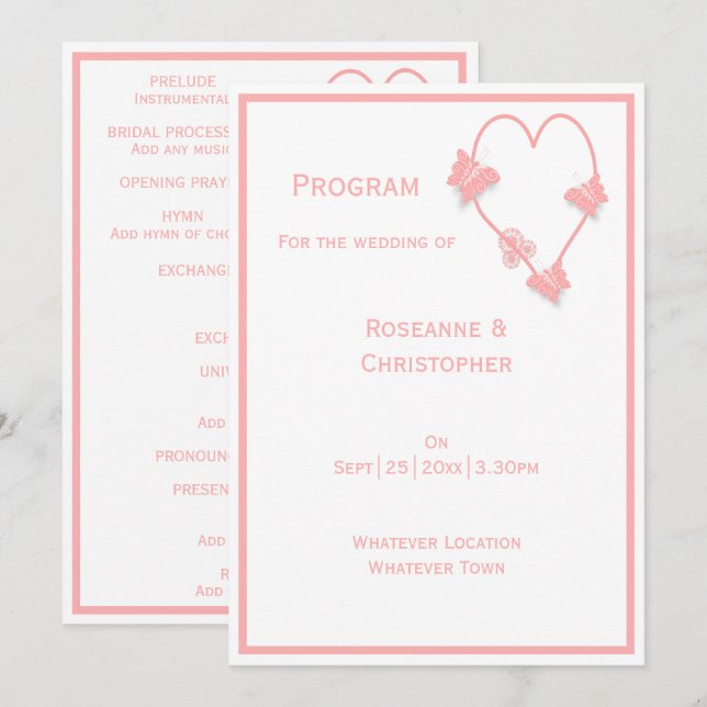 Programa Casamento com Design de Coração de Borboletas Cor- (Frente/Verso)