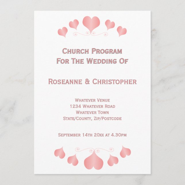 Programa Casamento com design de corações rosa (Frente)