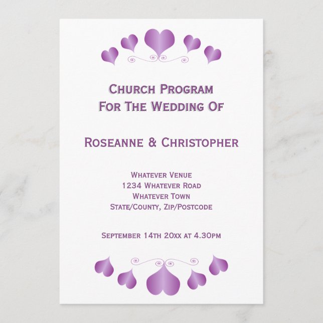 Programa Casamento com Design de Corações Roxos (Frente)
