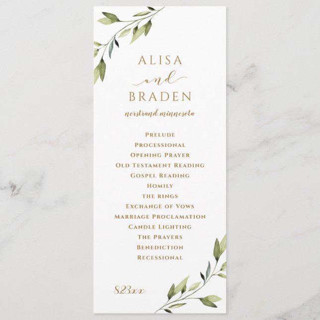 Programa Casamento com Folhagem em Aquarela Verde e Dourado (Frente)
