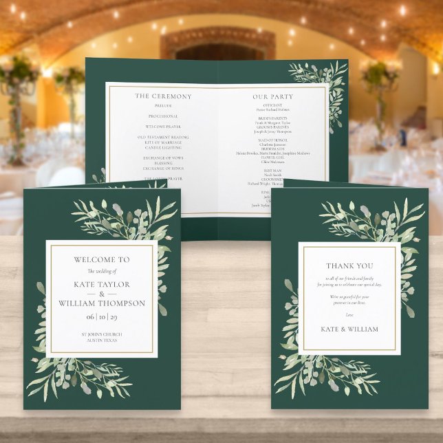 Programa Casamento com folhagem verde esmeralda e dourado (Criador carregado)