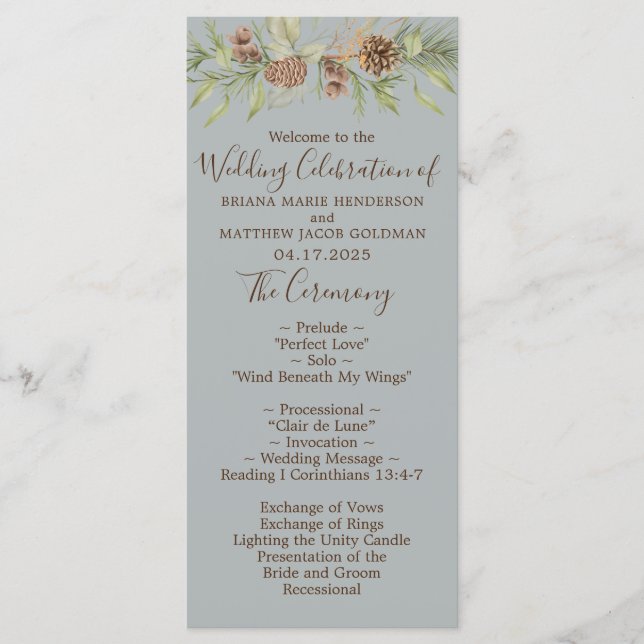 Programa Casamento com Grafia Elegante Cinza de Inverno (Frente)