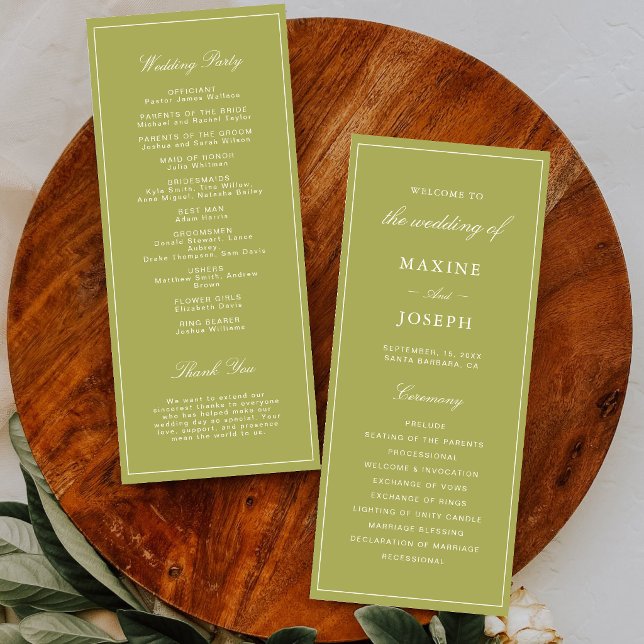 Programa Casamento com Letra Elegante em Verde Oliva (Elegant olive green wedding programs keep guests engaged with a polished, timeless touch.)
