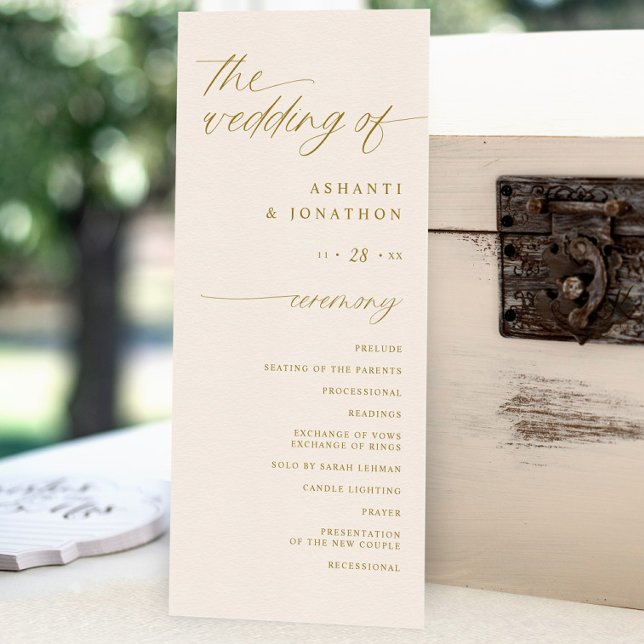 Programa Casamento com Letra Romântica Suave Marfim e Doura (Gold and ivory wedding programs - soft delicate romantic script )