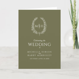 Programa Casamento com monograma de folha branca-verde-oliv