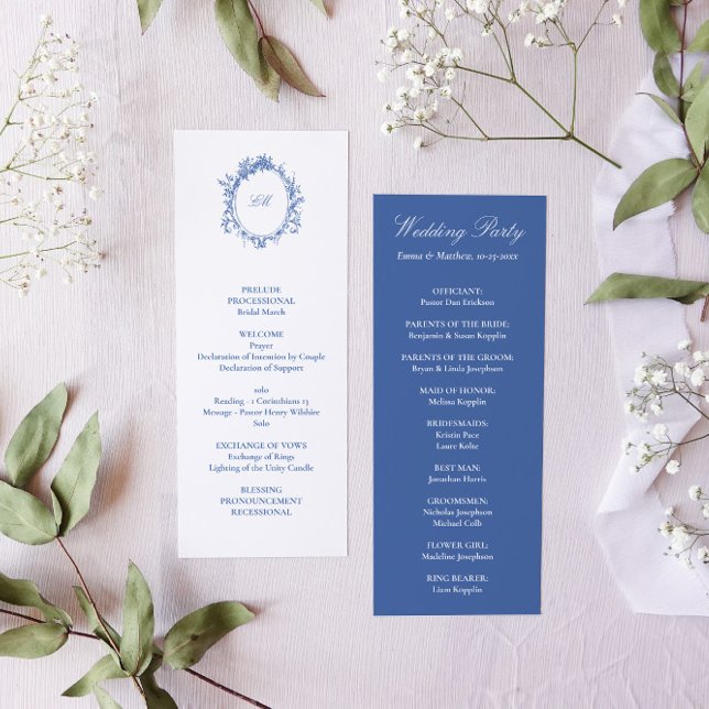 Programa Casamento com o Toile Azul Vitoriano (White and blue sophisticated victorian wedding program - order of service)