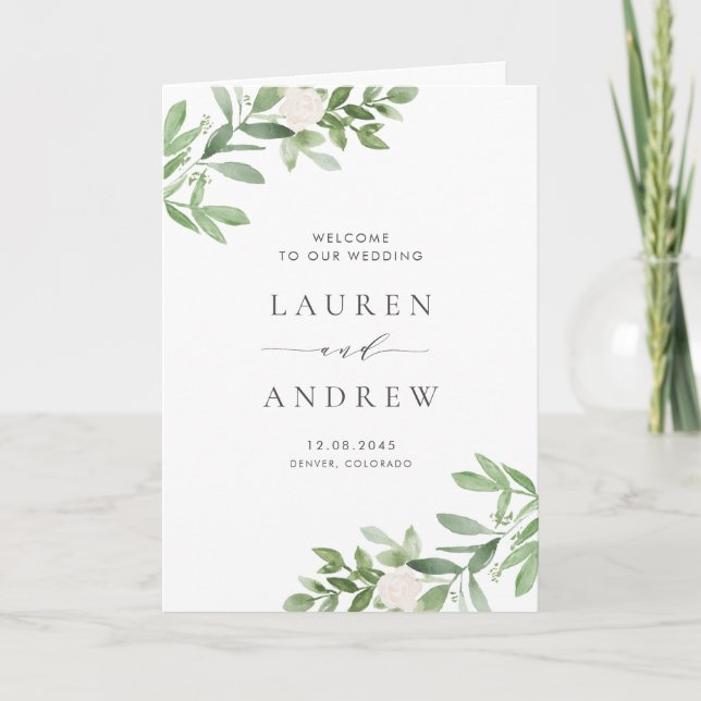 Programa Casamento com Verde Folhagem em Aquarela e Flores  (Frente)