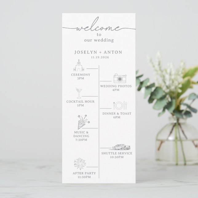 Programa Casamento Cronologia Cinza Chic Caligrafia Elegant (Em pé/Frente)