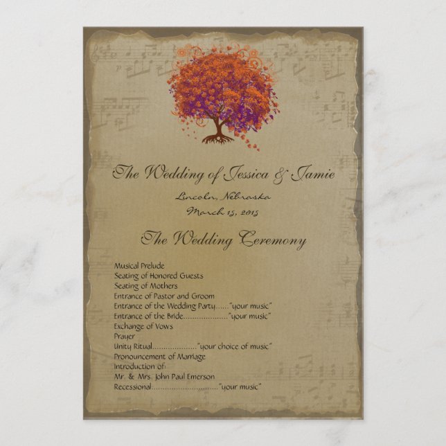 Programa Casamento da Árvore Coração Vermelho Floresta Rúst (Frente)