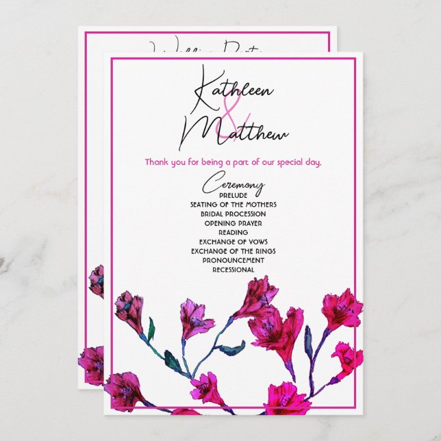 Programa Casamento De Aquarela Floral Rosa Brilhante (Frente/Verso)
